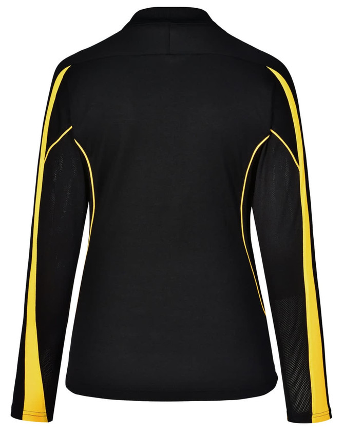 A black long sleeve polo shirt with yellow accents and a logo on the back.