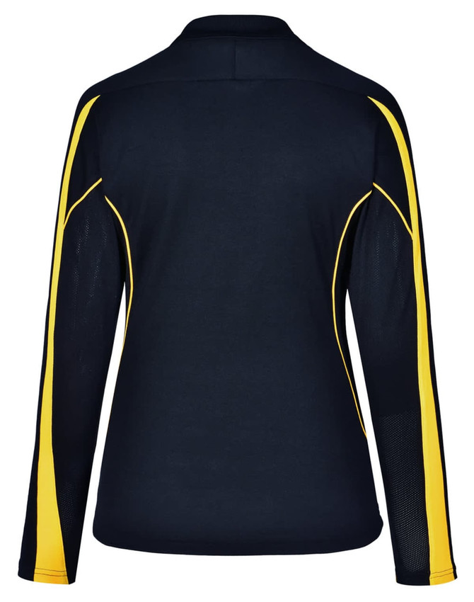 A navy long sleeve polo shirt with yellow side accents and a logo on the back. Features a mesh design.