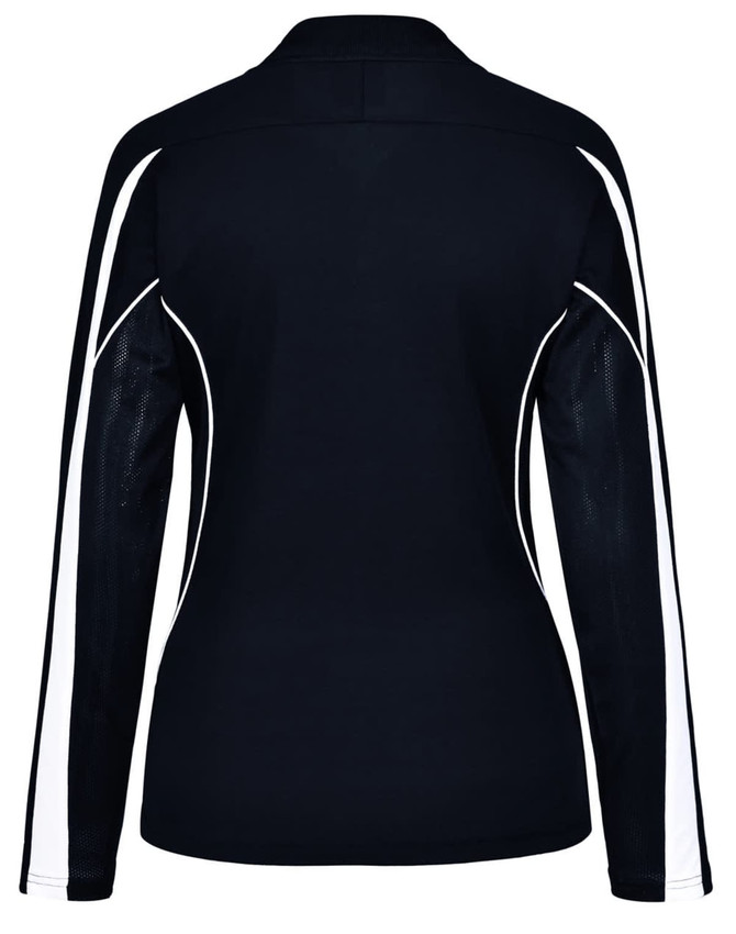 A black long sleeve polo shirt featuring white side panels and a logo on the back.