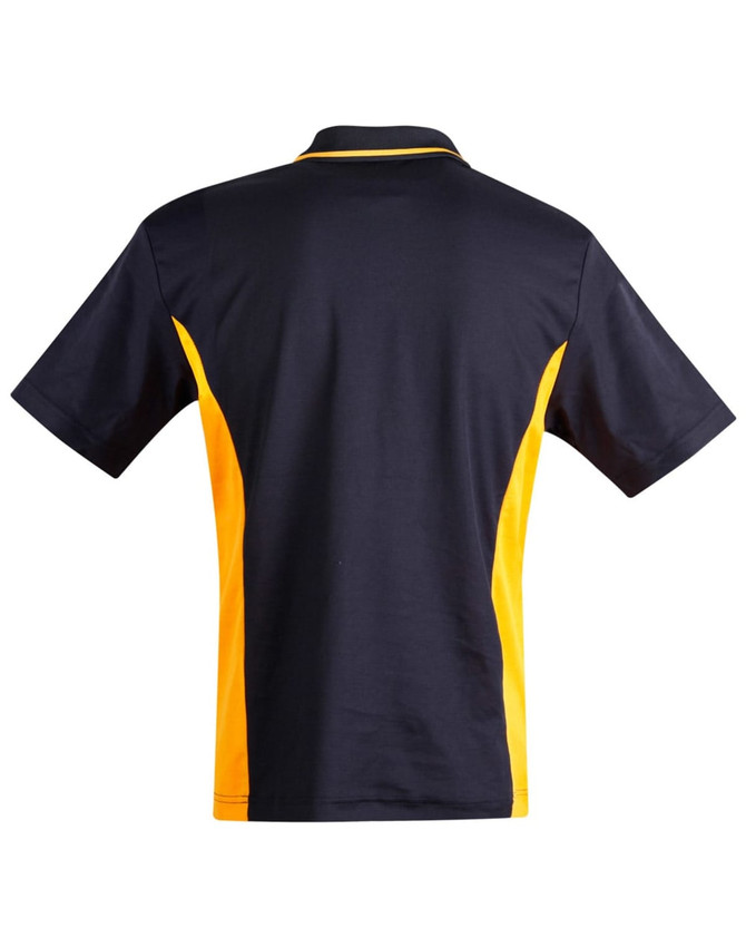 A navy and yellow Men's TrueDry Contrast short-sleeve polo shirt with a branding logo on the back.