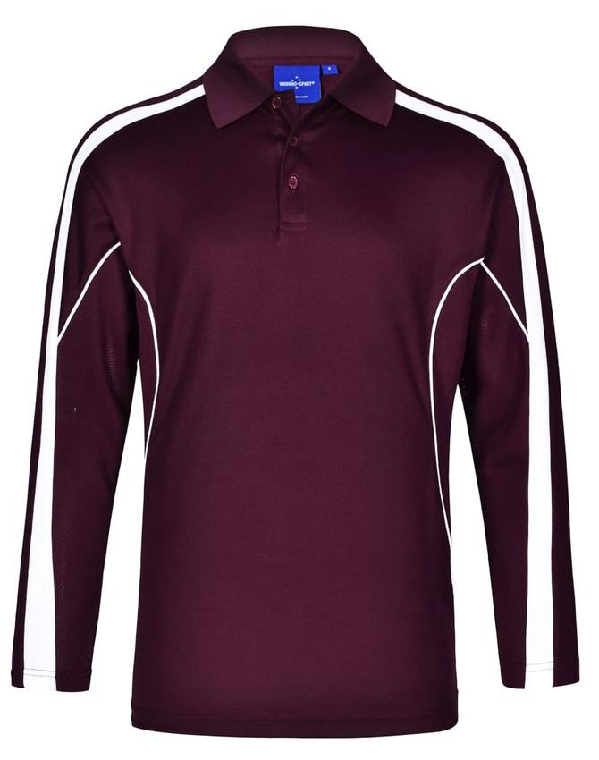 A men's long sleeve polo in burgundy with white side accents and a collar. Features a logo on the chest area.