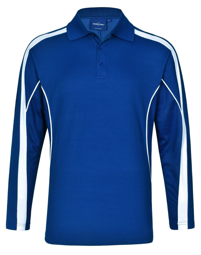 A blue long sleeve polo shirt featuring white side stripes and a logo on the chest.