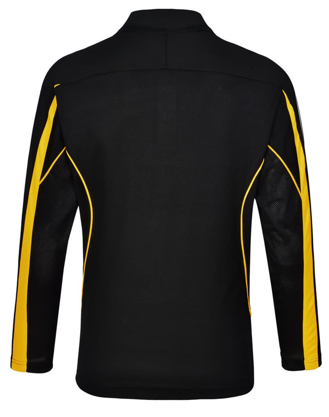 A black long sleeve polo shirt with yellow accents and a logo on the chest area. Features mesh panels on the sleeves.