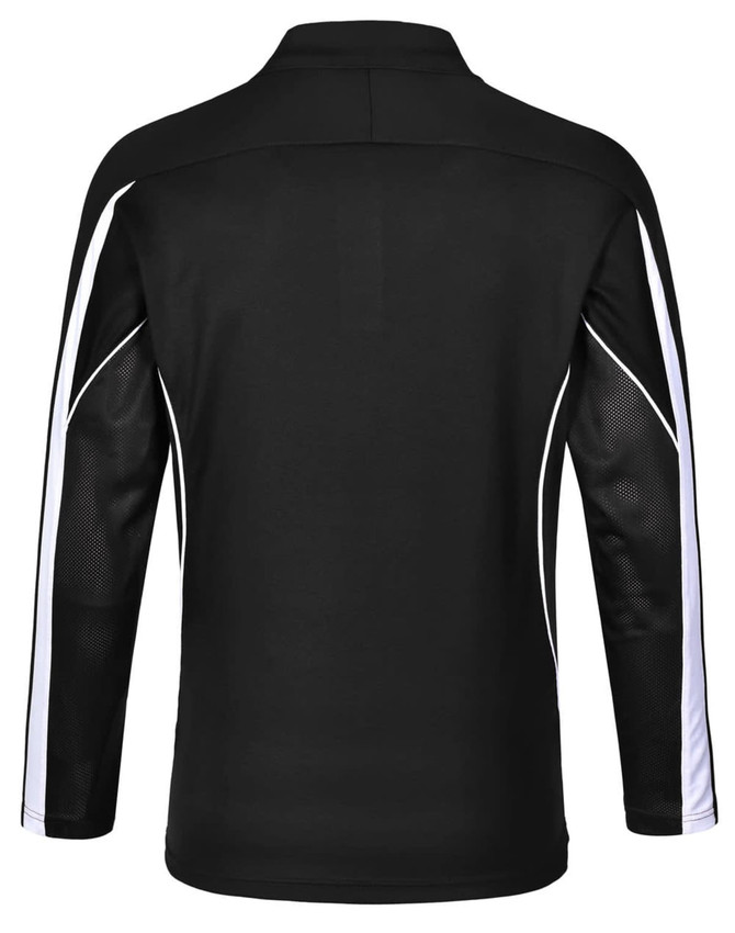 A black long sleeve polo shirt featuring mesh panels and white detailing, with a logo on the back.