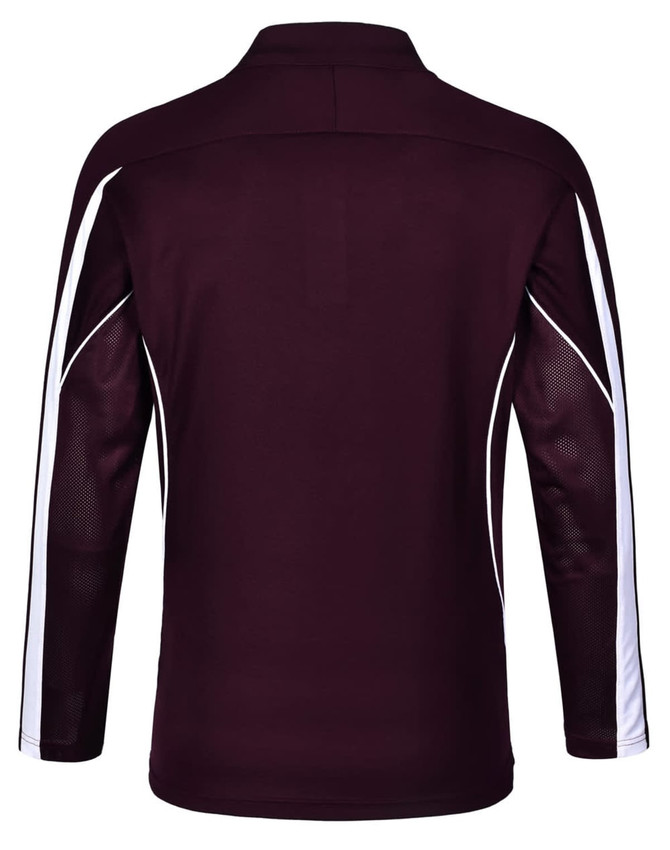A maroon long sleeve polo shirt with white accents and a mesh panel design. It features a collar and a branded logo.
