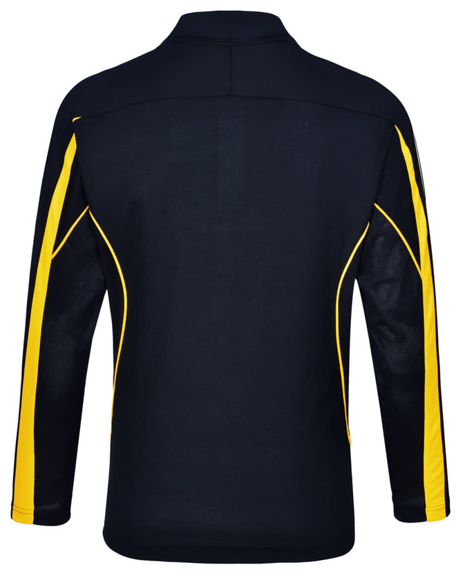 A black long sleeve polo shirt with yellow accents and a logo on the side.