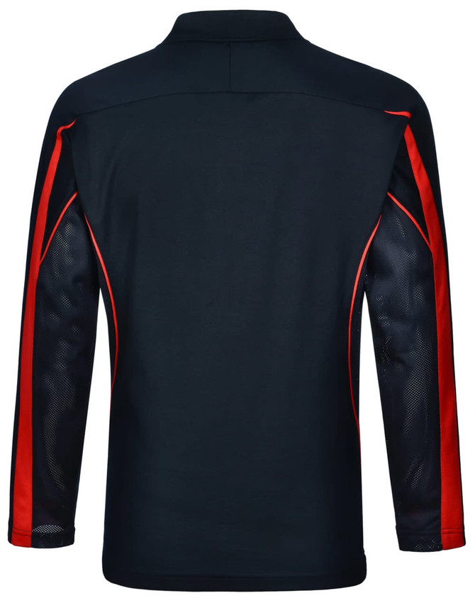 A black long sleeve polo shirt featuring red panels and mesh detailing, with a logo on it.