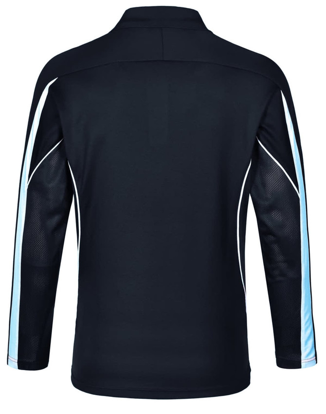 A black long sleeve polo shirt featuring light blue accents and mesh sides, with a logo on the back.