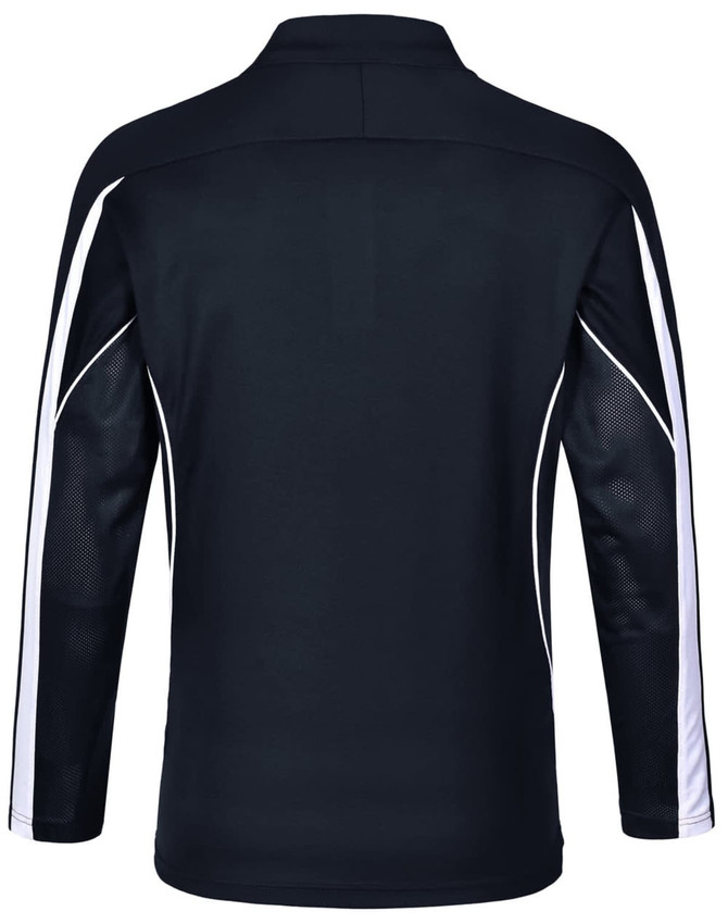 A black long sleeve polo shirt with white accents and a logo on the front. Features a classic collar and breathable design.