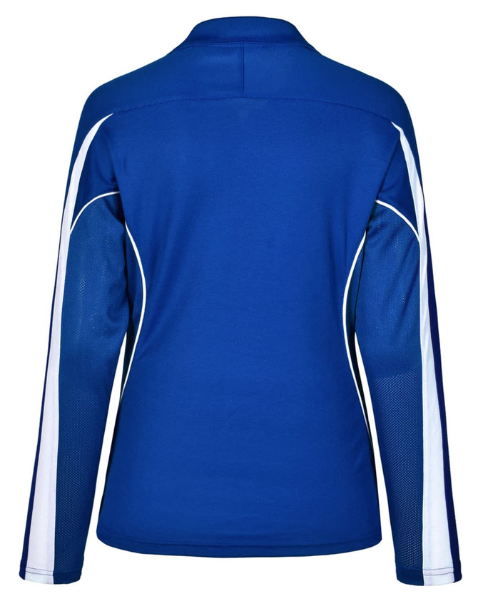 A blue long sleeve polo shirt with white accents and a logo on the back.