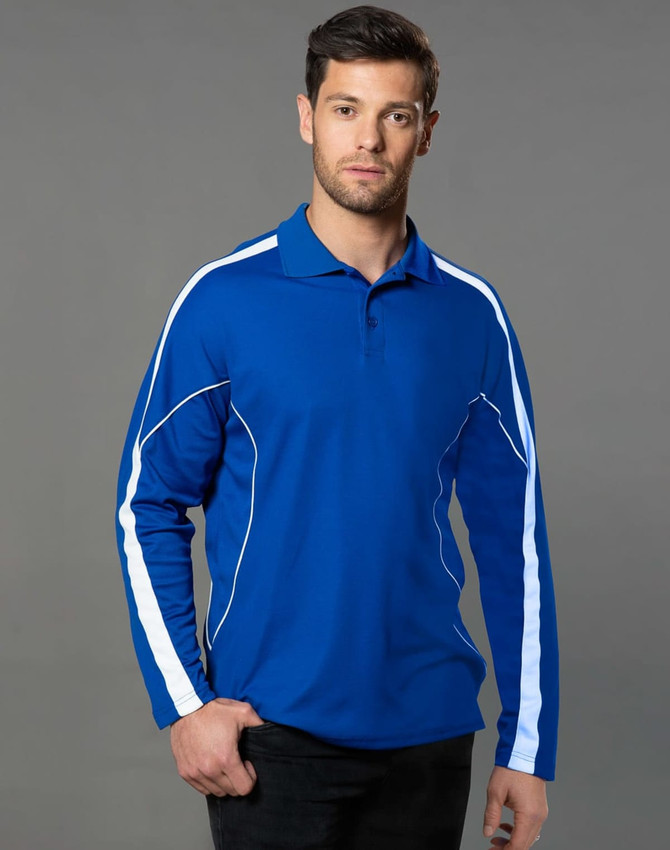 Men's TrueDry long sleeve polo in royal blue with white accents and a logo. Suitable for casual or athletic wear.