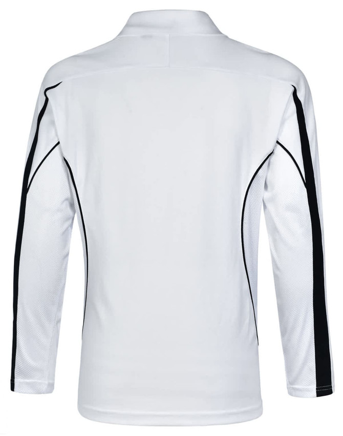 A white long sleeve polo shirt with black accents and a logo on the front.