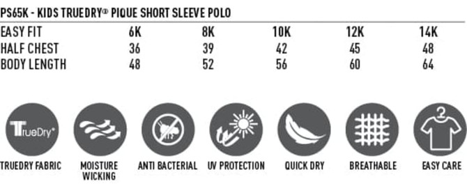 A kids' short sleeve polo shirt in various sizes, featuring a breathable pique fabric and a logo.