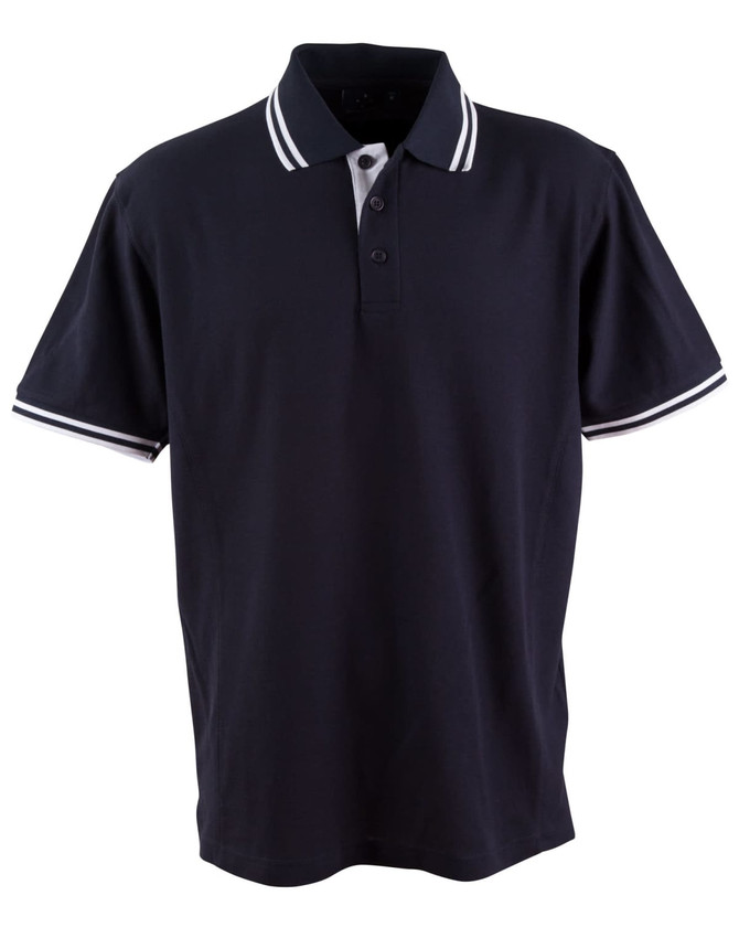 A dark navy polo shirt with a white collar and striped detailing on the sleeves. Features a logo on the chest.