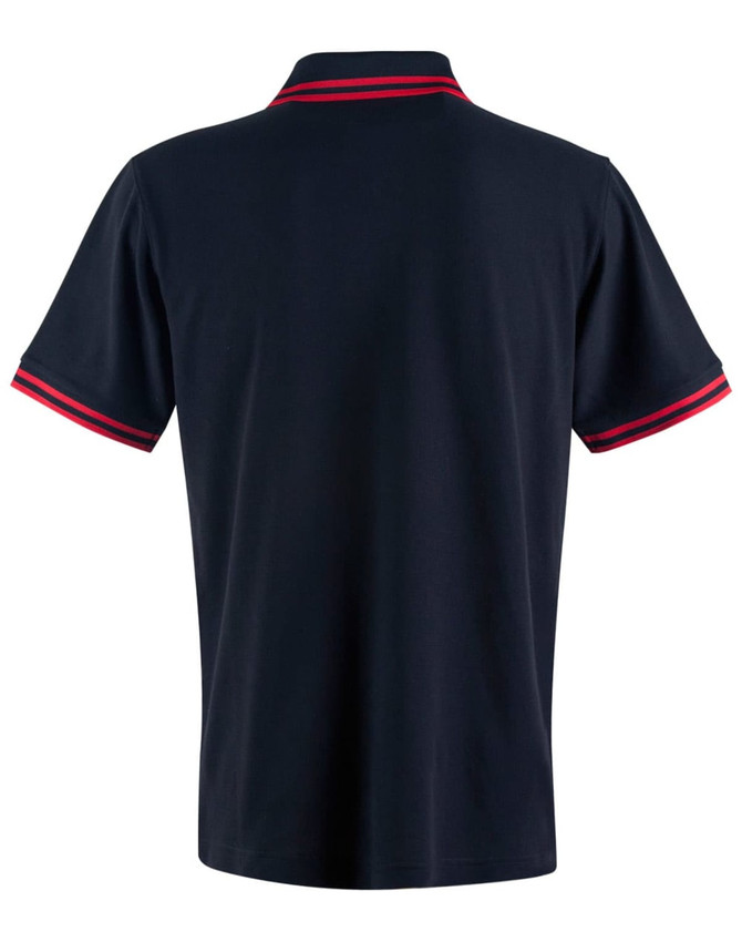 A navy polo shirt with red striped detailing on the collar and sleeves, featuring a logo.