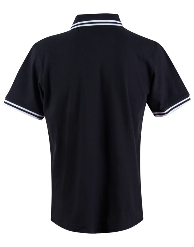 A black polo shirt featuring a collar with white and light blue stripes. It has a logo on the back neckline.