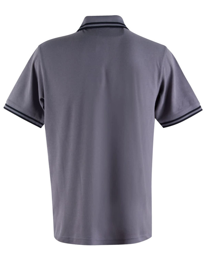 A grey polo shirt featuring contrasting dark stripes on the collar and sleeves, with a logo on the chest.