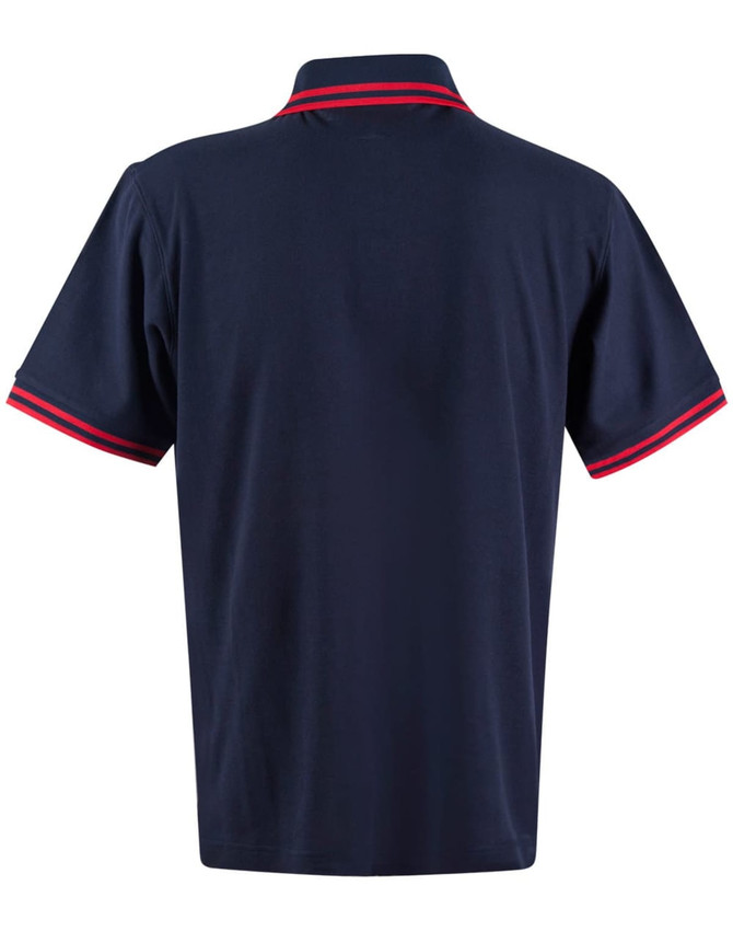 A navy polo shirt with red trim on the collar and sleeves, featuring a logo on the front.