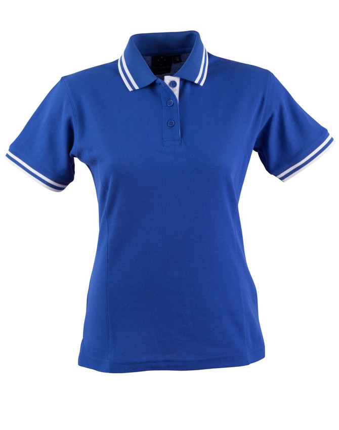 A blue ladies' polo shirt with white trim on the collar and sleeves, featuring a button-up front and a logo.