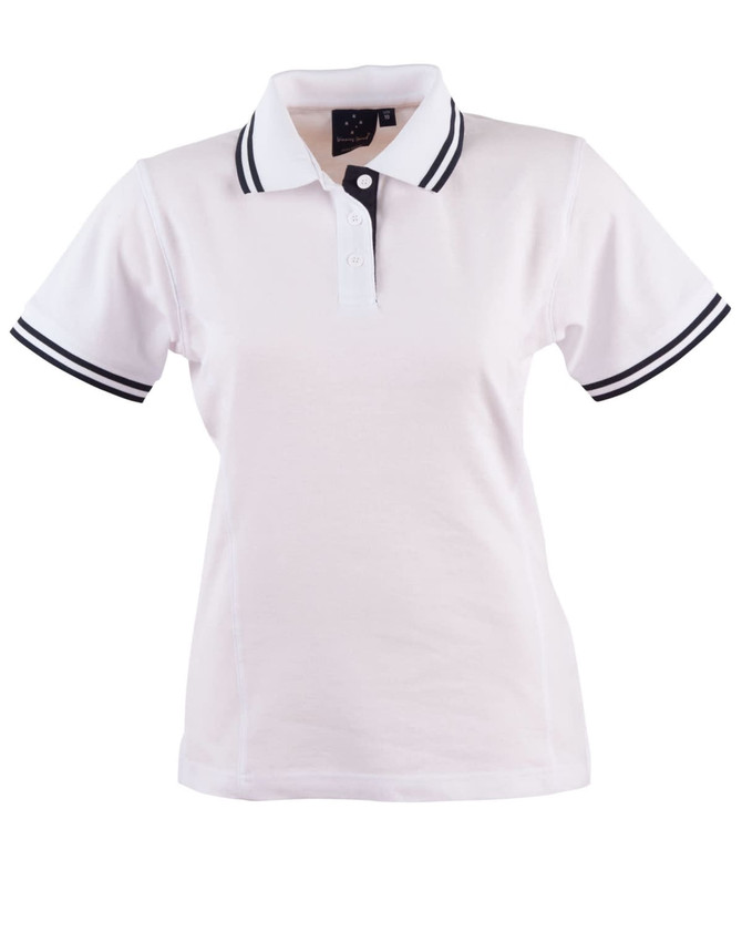 A white ladies' polo shirt with black stripes on the collar and sleeves, featuring a logo.