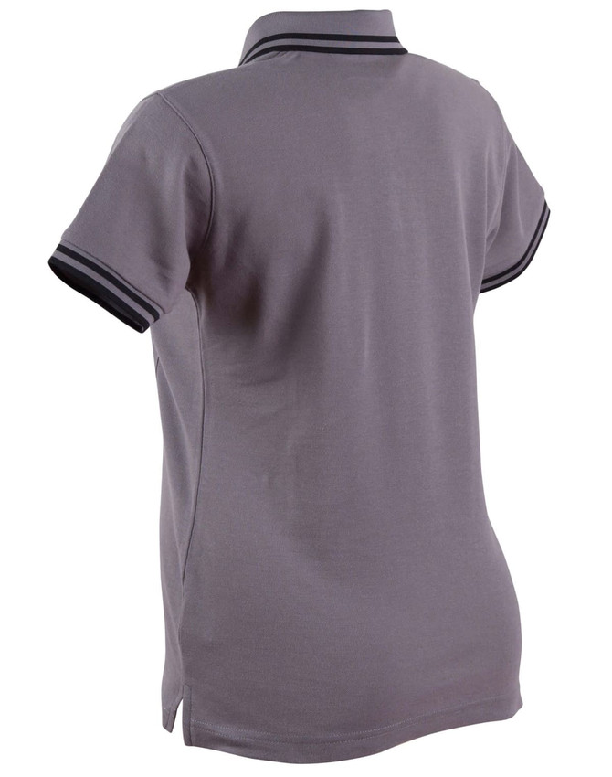 A grey women's polo shirt with contrasting black stripes on the collar and sleeves, featuring a logo.