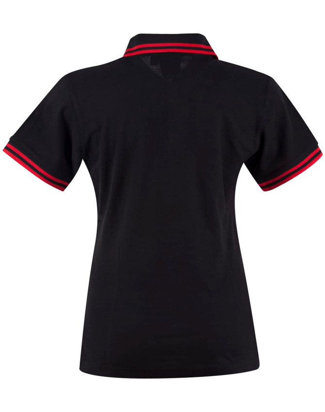 A black polo shirt with red-striped detailing on the collar and sleeves, featuring a logo.
