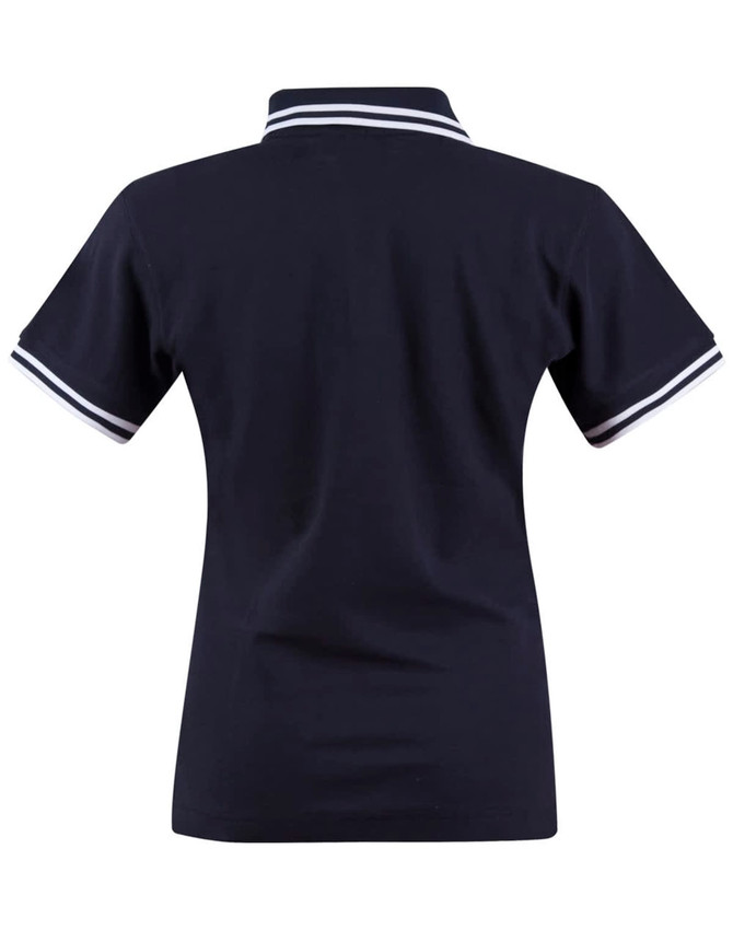 A dark navy polo shirt with white striped accents on the collar and sleeves, featuring a branding logo.
