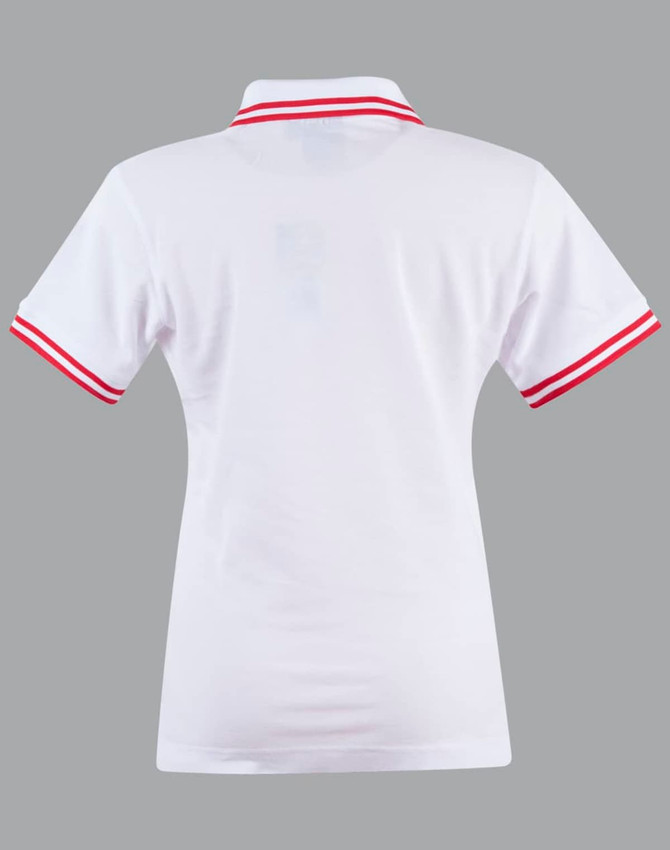A white polo shirt featuring red stripes on the sleeves and a collar, with a logo on the back.
