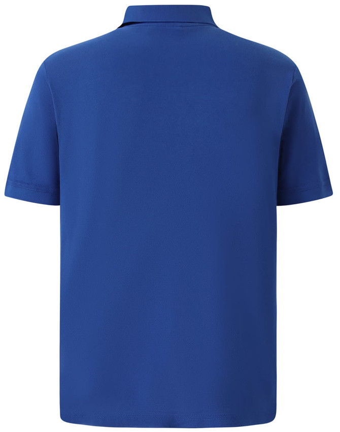 A blue men's polo shirt featuring short sleeves and a collar, with a brand logo on the back.
