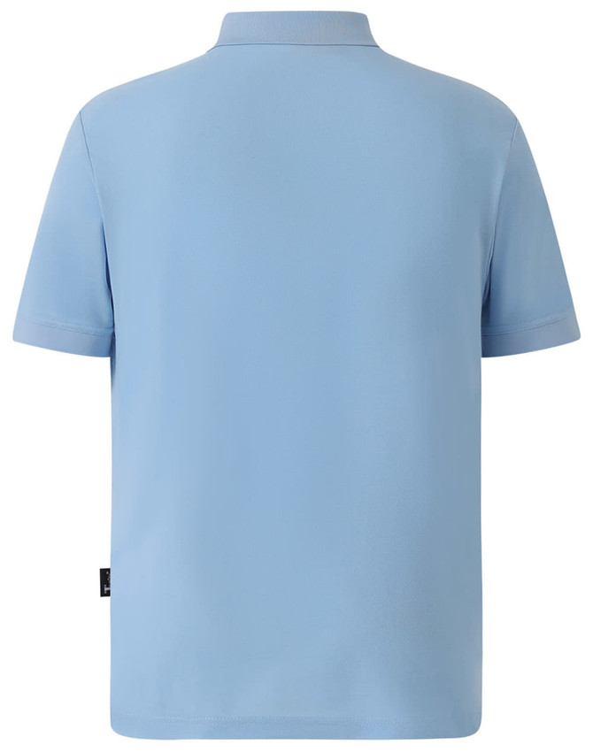A light blue men's polo shirt featuring a collared neck and short sleeves, with a logo on the side.