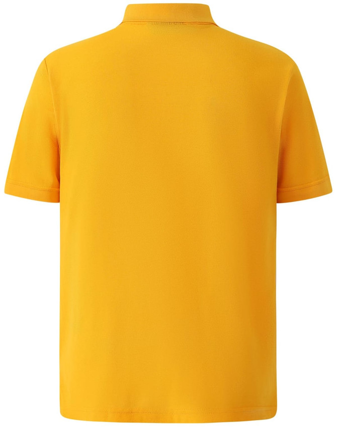 A yellow men's polo shirt featuring short sleeves and a collar, with a logo on the side.