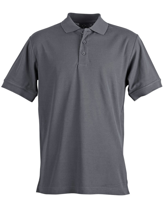 A grey men's polo shirt featuring a collar, short sleeves, and a three-button placket. It includes a logo.
