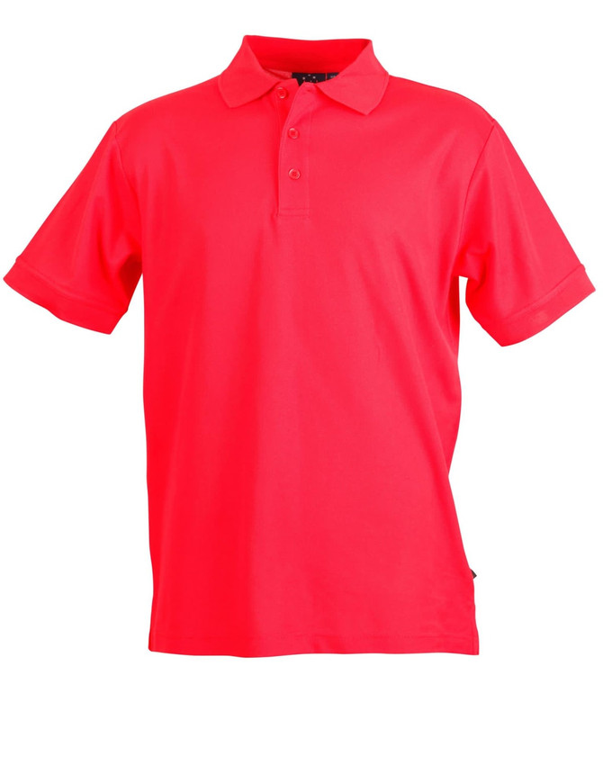A bright red polo shirt with a collared neckline and short sleeves, featuring a logo on the chest.