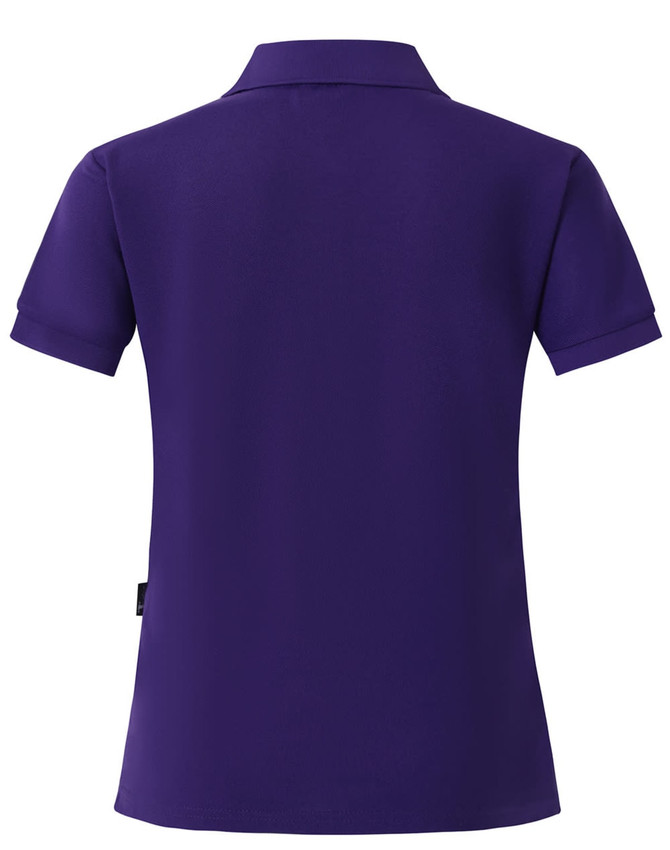 A purple ladies' polo shirt featuring a collared neckline and short sleeves, with a brand logo at the hem.