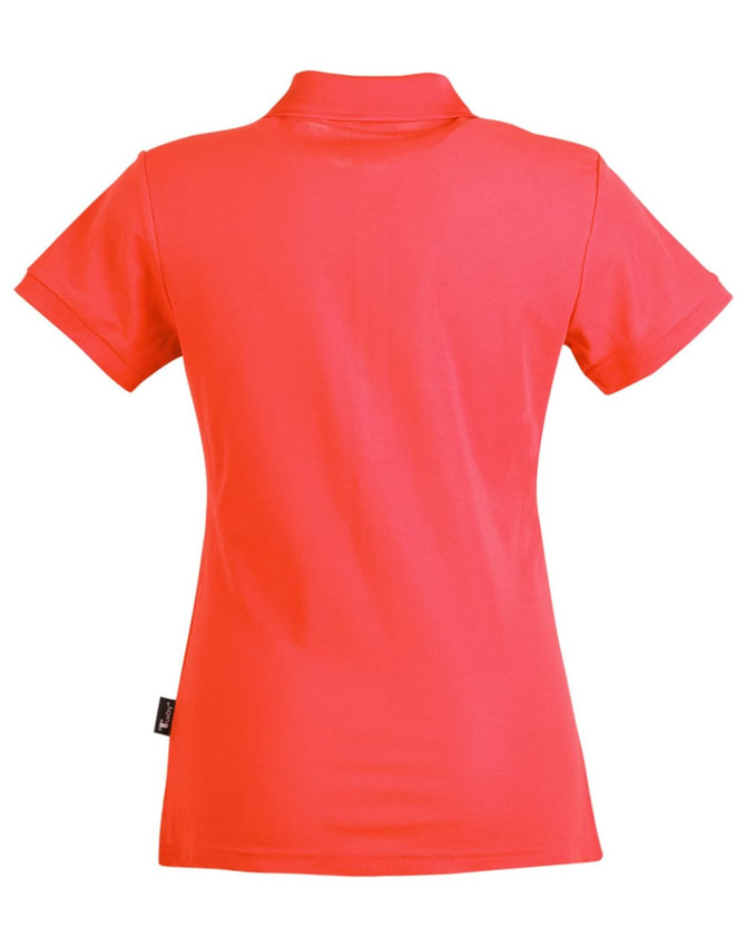 A red ladies' polo shirt featuring short sleeves and a collar, with a branding logo on the side.