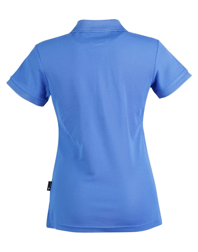 A blue women's polo shirt with a classic collar and short sleeves, featuring a logo on the back.