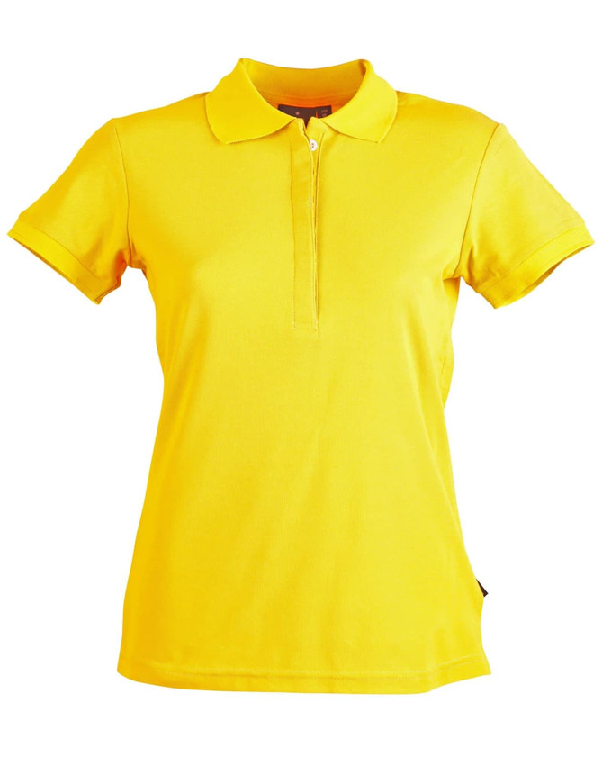 A women's polo shirt in bright yellow, featuring a collar and a logo on the side.