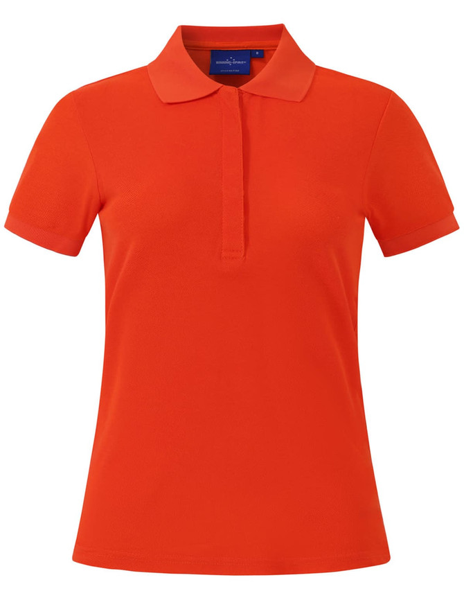 An orange Ladies' Connection Polo shirt with a classic collar and rolled sleeves, featuring a branding logo.