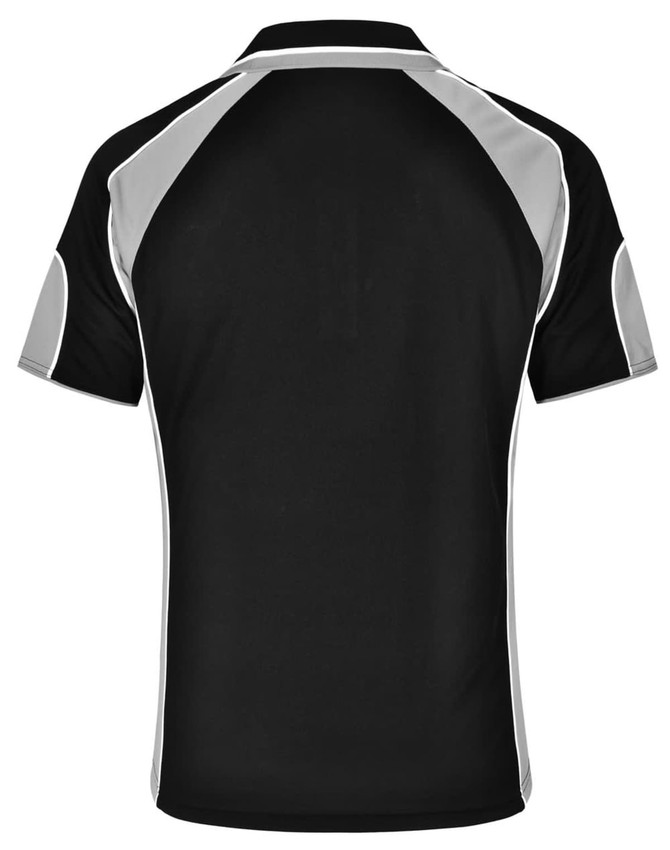 A black polo shirt with grey accents and a logo on the back. Featuring a sporty design and short sleeves.