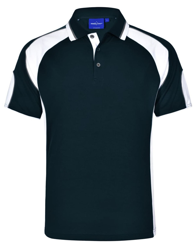 A black and white men's polo shirt featuring a collar, short sleeves, and a logo on the chest.