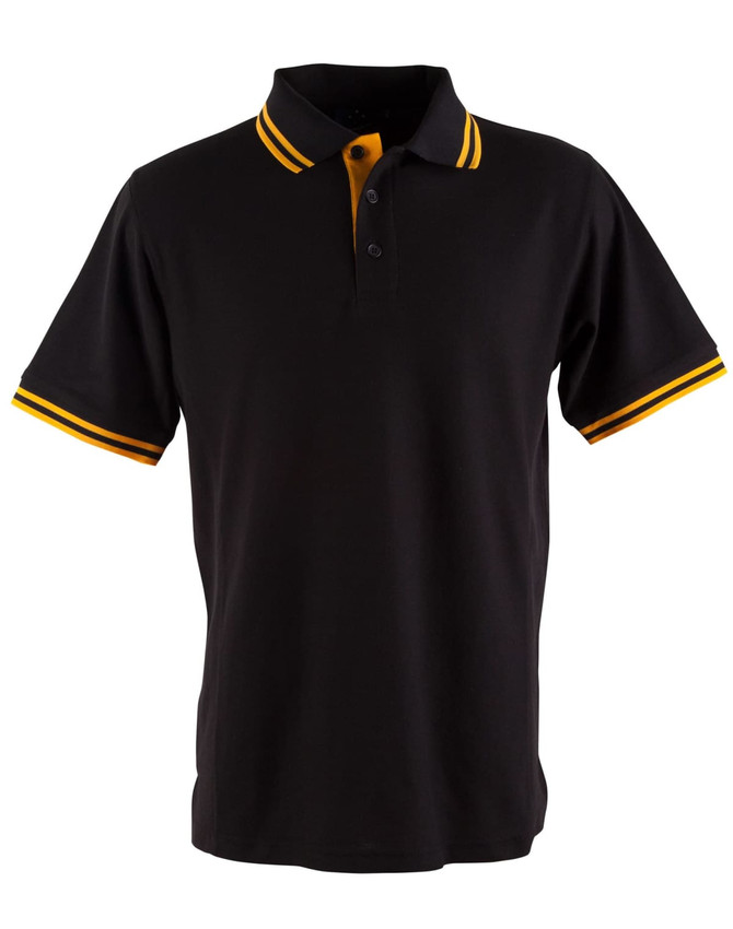 A black polo shirt with yellow striped detailing on the collar and sleeves, featuring a logo.