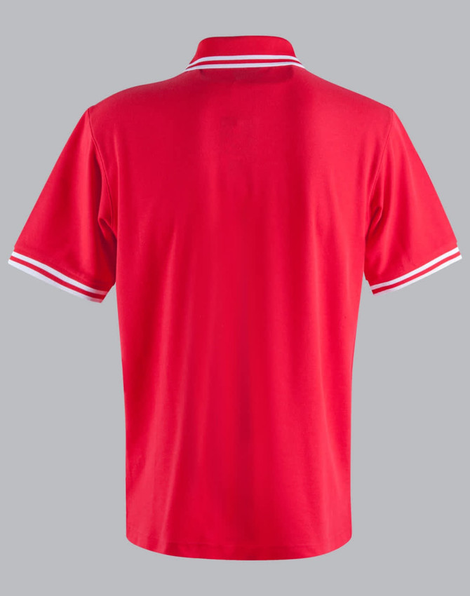 A red polo shirt featuring contrasting stripes on the collar and sleeves, with a logo on the front.