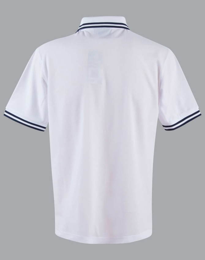 A white polo shirt featuring a collar with navy stripes and a logo on the back.