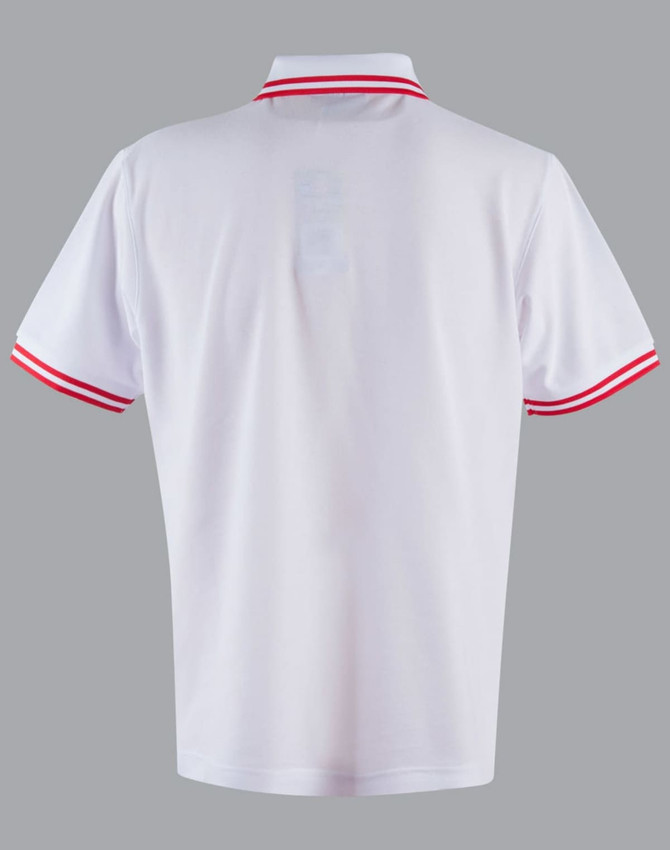 A white polo shirt featuring red striped detailing on the collar and sleeves. It has a logo on the front.