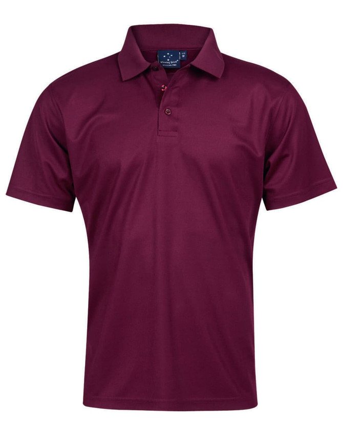 A maroon men's short-sleeve polo shirt with a collar and a logo on the chest.