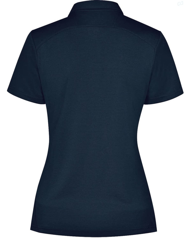 A navy blue ladies' polo shirt with a short sleeve and a collar, featuring a branding logo.