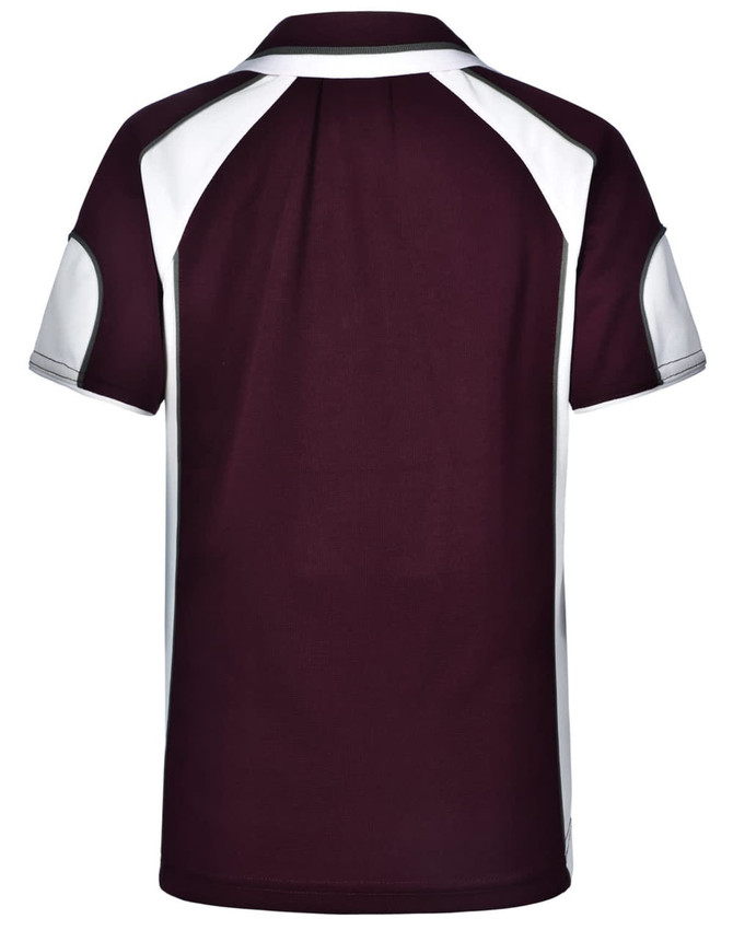A maroon and white polo shirt featuring a logo on the back and contrast panel details.