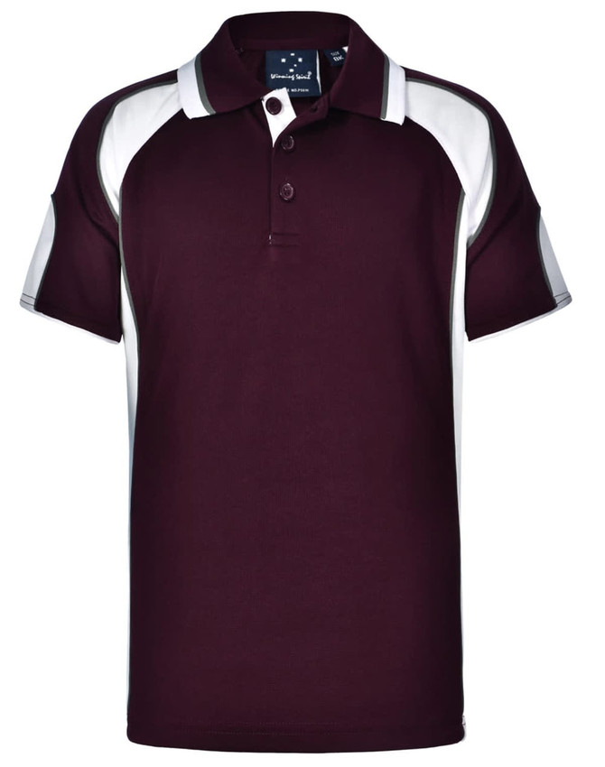 A maroon polo shirt with white accents and a logo on the chest. Features a classic collar and buttons.