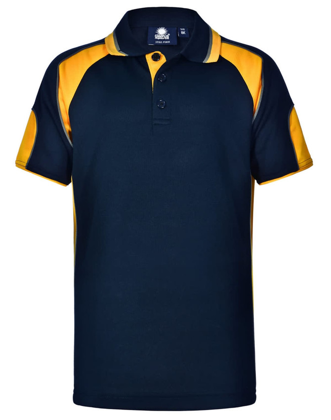 A navy and yellow polo shirt featuring a collar and button placket, with contrasting sleeves and a logo.