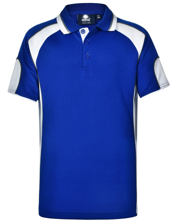 A blue polo shirt with white accents and a logo on the chest. Short sleeves and a classic collar design.